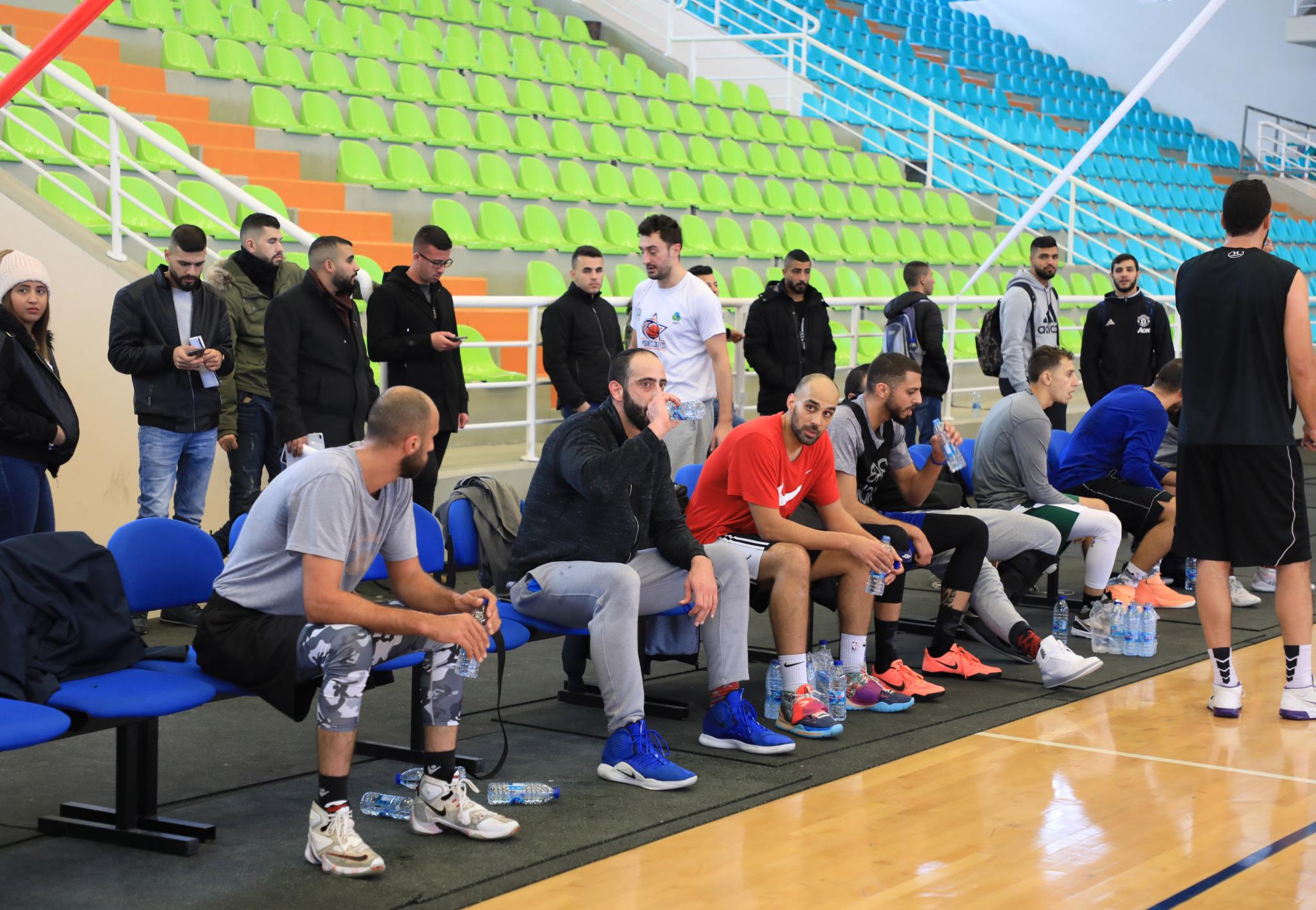 Part of the training of the Palestinian basketball team in the sport hall in AAUP