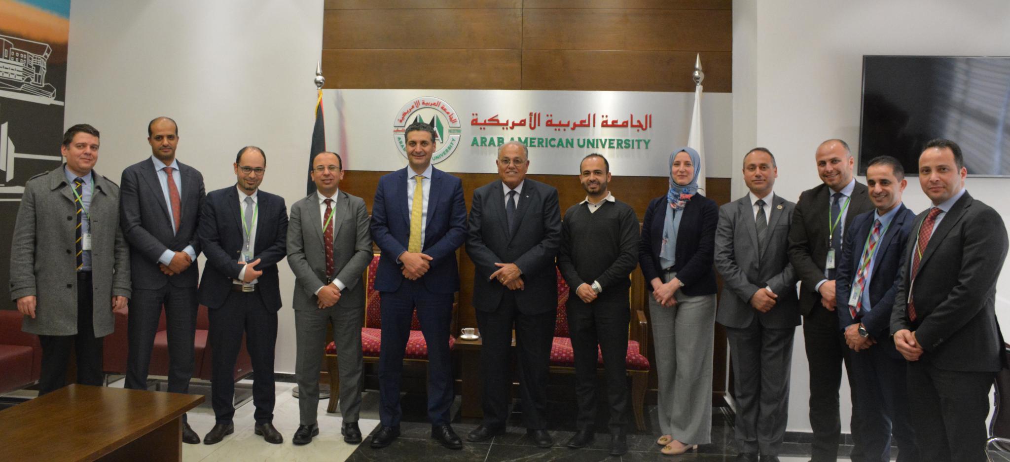 Mr. Abdul Majeed Melhem- the General Manager of PALTEL “Jawwal” and Prof. Ali Zeidan Abu Zuhri- the University President, with the presence of Eng. Bara Asfour- the Assistant to the President, Dr. Jumana Jaradat- the Executive Manager of the Medical Center, Prof. Hisham Darwish, Mr. Khalid Herzallah along with staff and managers from PALTEL.